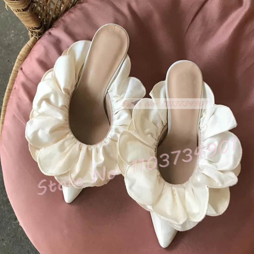Women'S Shoes Big Feet - White Flower Satin Pointed Toe Slides